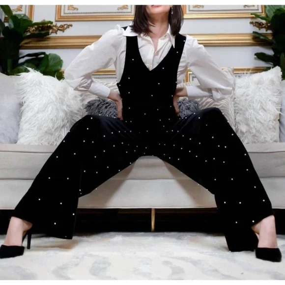 EVA FRANCO brewster jumpsuit in black velvet pearl sizes 4,8